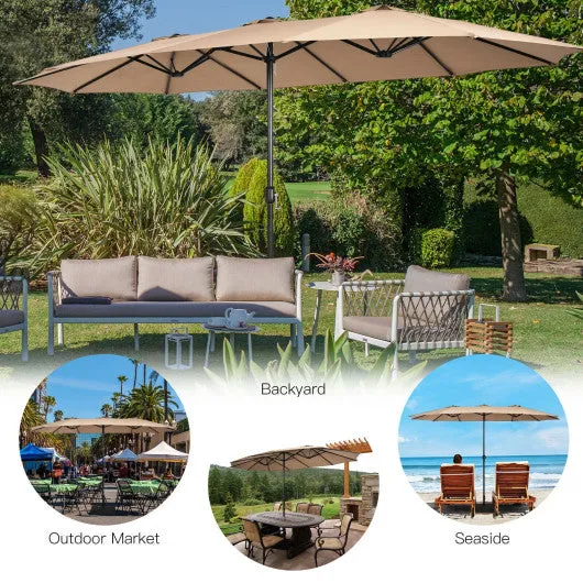 15 Feet Double-Sided Twin Patio Umbrella with Crank and Base Coffee in Outdoor Market-Brown