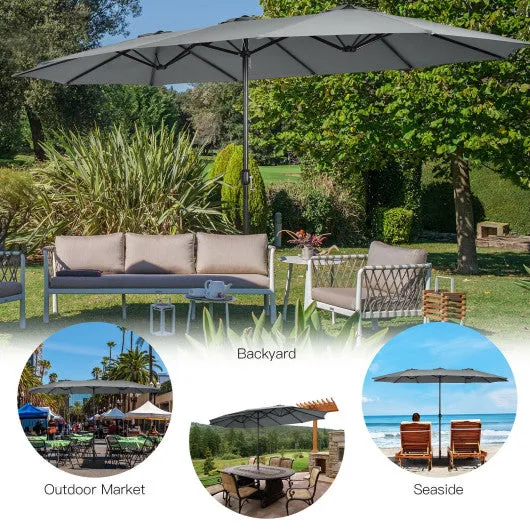 15 Feet Double-Sided Twin Patio Umbrella with Crank and Base Coffee in Outdoor Market-Gray