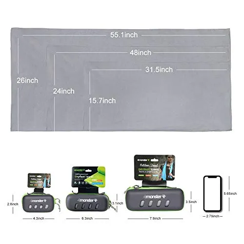 4Monster Microfiber Towel with Carry Case, Super Absorbent Travel Towel, Quick Dry Towel, Camping Towel, Great for Gym, Beach, Swimming, Backpacking and More
