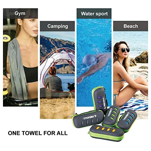 4Monster Microfiber Towel with Carry Case, Super Absorbent Travel Towel, Quick Dry Towel, Camping Towel, Great for Gym, Beach, Swimming, Backpacking and More