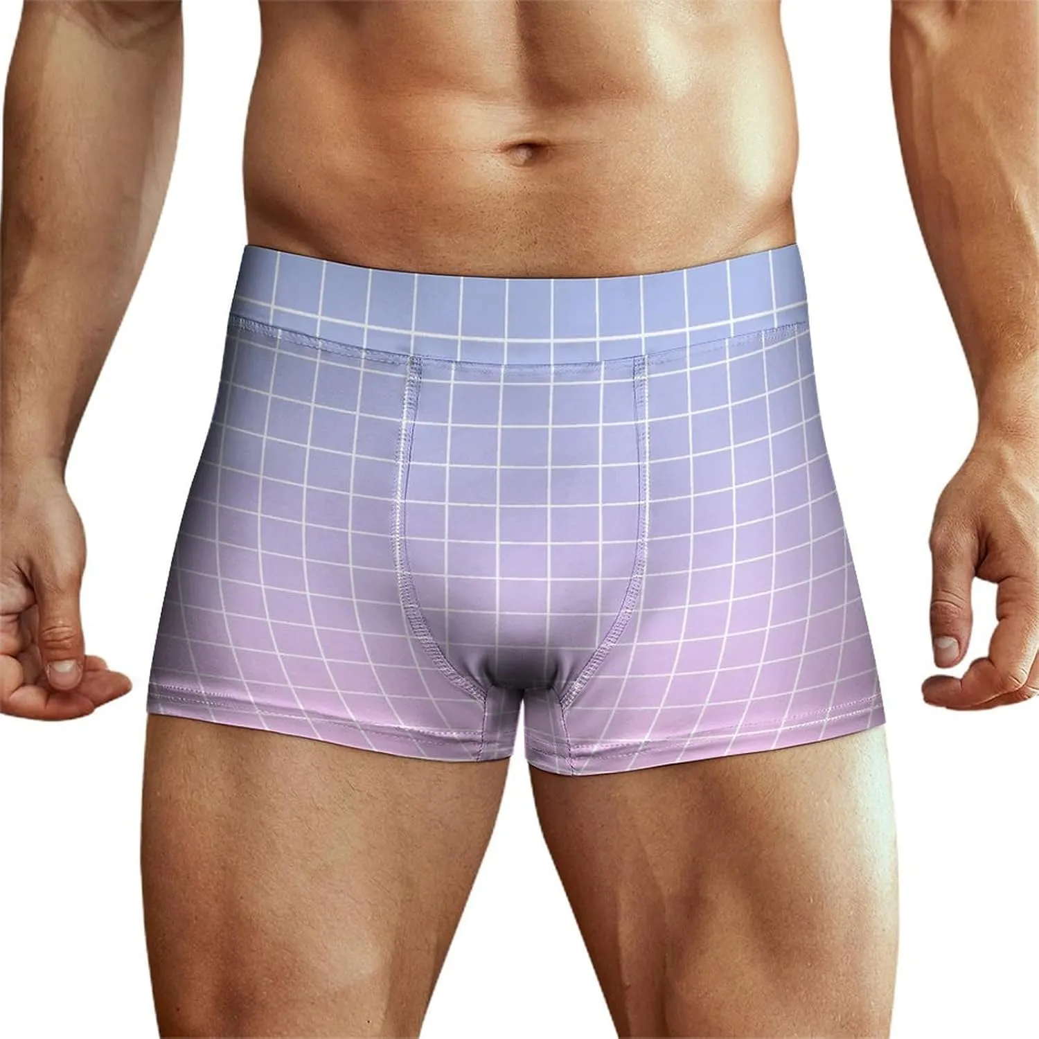 Blue Pink Ombre Grid Print Mens Underwear, Soft Boxers for Men, Moisture-Wicking Breathable Boxer Briefs