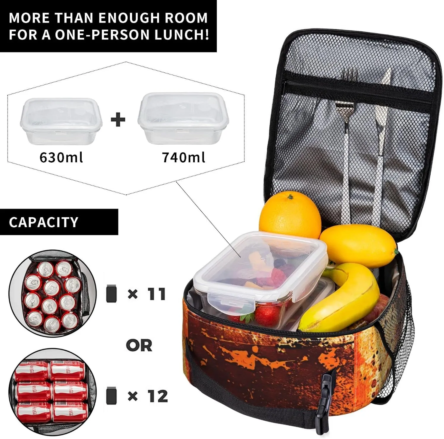 Burnt Abstract Monochrome Orange Graphic Blots Lunch Bag Reusable Portable Lunch Box for Men Women, Insulated Lunch Tote Bag for Picnic Office
