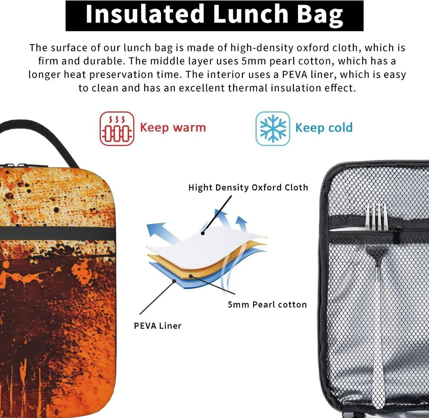 Burnt Abstract Monochrome Orange Graphic Blots Lunch Bag Reusable Portable Lunch Box for Men Women, Insulated Lunch Tote Bag for Picnic Office