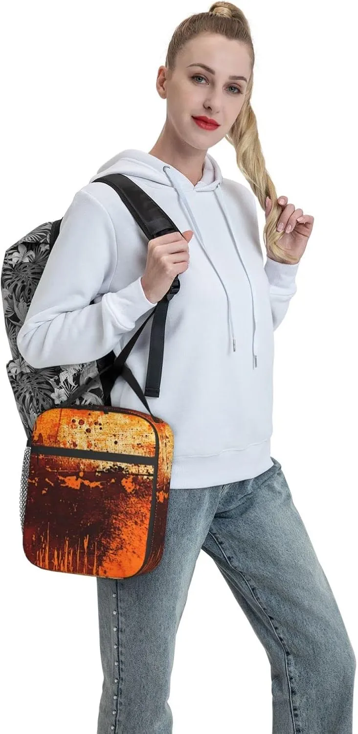 Burnt Abstract Monochrome Orange Graphic Blots Lunch Bag Reusable Portable Lunch Box for Men Women, Insulated Lunch Tote Bag for Picnic Office