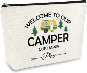 Camper Makeup Bag Happy Camping Gifts for RV Travelers Trailer Themed Cosmetic Bag Camping Lover Birthday Graduation Gifts for Woman Sisters Best Friend Travel Toiletry Bags Zipper Pouch
