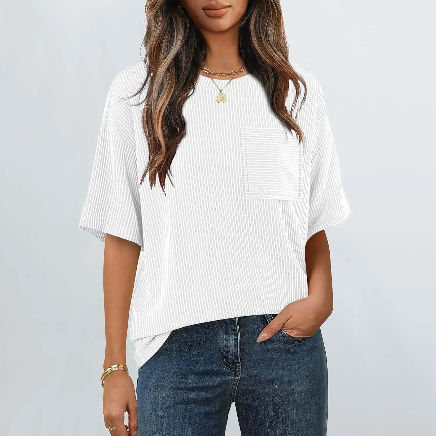 Casual Contrasting Striped Short Sleeved Pocket Round Neck T Shirt Fit Loose Comfortable Flowy Soft Tops