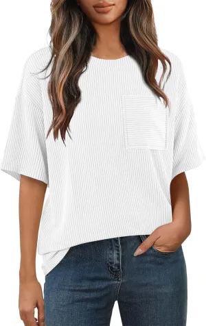 Casual Contrasting Striped Short Sleeved Pocket Round Neck T Shirt Fit Loose Comfortable Flowy Soft Tops