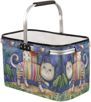 Collapsible Picnic Basket with Handle, Shopping Basket Aluminum Frame, Grocery Basket Tote for Women, Farmers Market Basket, Harvest Baskets Camping Travel Portable Beach Bag (Watercolor Cat House)