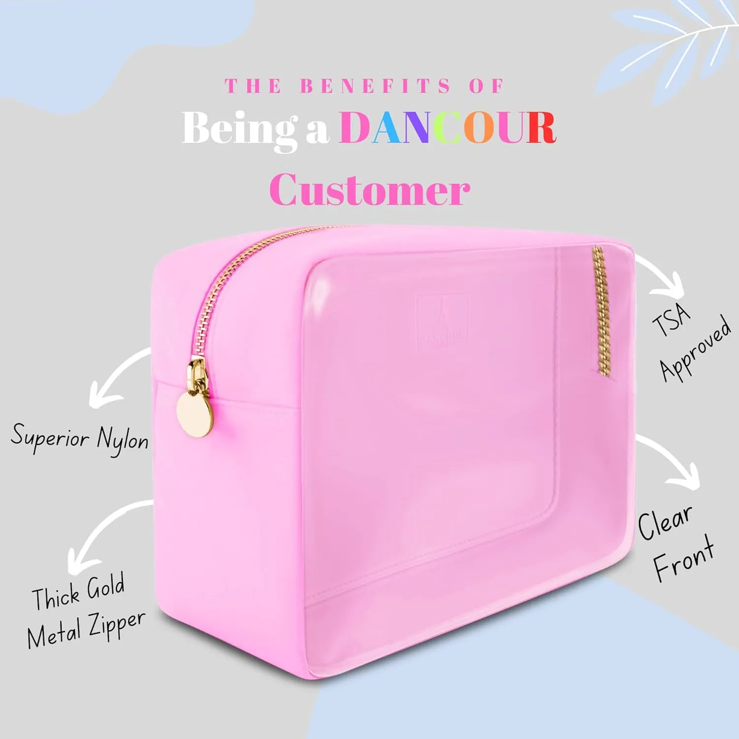 DANCOUR Clear Makeup Bag Large Pouch Cosmetic Travel Bag TSA Approved Light Pink Clear Cosmetic Case Organizer