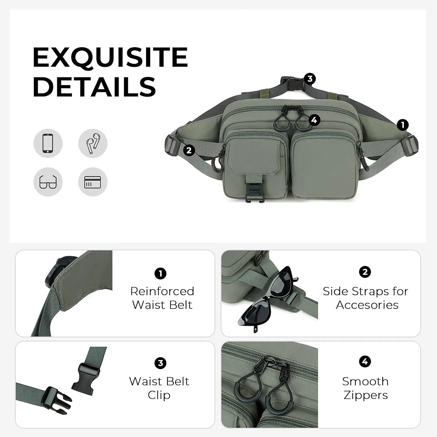 Fanny Packs for Women, Convertible Carry Belt Bag Small Sling Crossbody bags Waist Bag for Men, Green