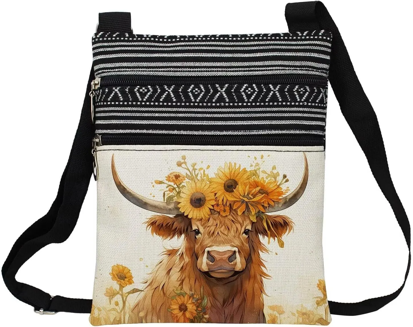 Floral Highland Cattle Messenger Bag Small Ethnic Pattern Printed Adjustable Strap Crossbody Zipper Bag Floral Highland Cattle Phone Bag Wallet Cute Shoulder Handbag for Women