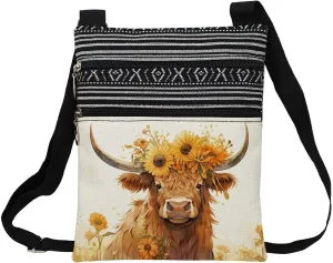 Floral Highland Cattle Messenger Bag Small Ethnic Pattern Printed Adjustable Strap Crossbody Zipper Bag Floral Highland Cattle Phone Bag Wallet Cute Shoulder Handbag for Women