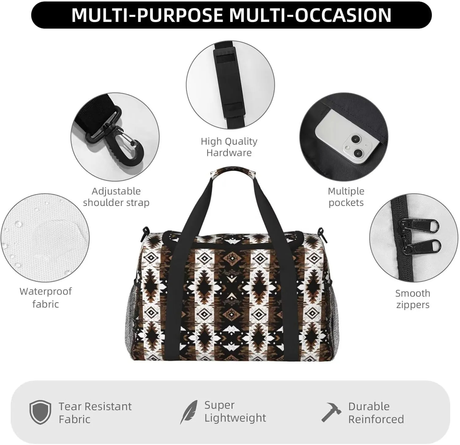 Gym Bag Womens Mens Aztec Boho Western Navajo Travel Duffel Bag Ethnic Vintage Native American Tribal Ethnic Southwest Sport Gym Tote Bags Swimming Yoga Weekend Overnight Carry on Bag, Brown