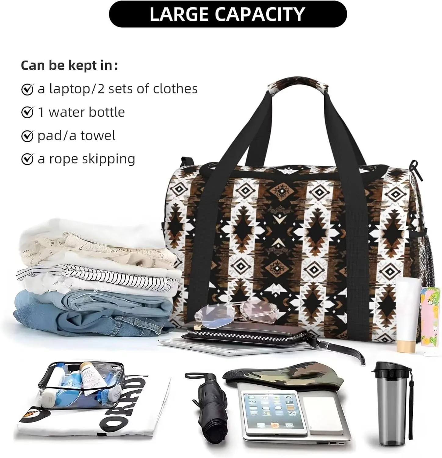 Gym Bag Womens Mens Aztec Boho Western Navajo Travel Duffel Bag Ethnic Vintage Native American Tribal Ethnic Southwest Sport Gym Tote Bags Swimming Yoga Weekend Overnight Carry on Bag, Brown