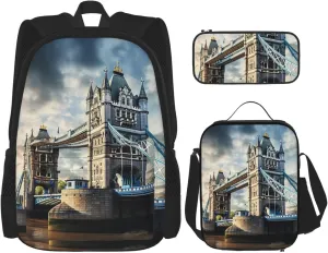 Historic Old Tower Bridge London Print Pencil Case Lightweight Casual Fashion Backpack Lunch Bag Large Capacity Travel Bag