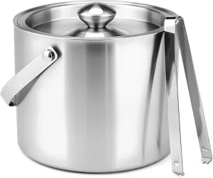 Ice Bucket, 3L Double-Wall Stainless Steel Insulated Ice Bucket With Lid and Ice-Tong, Ice-Buckets for Parties Home Bar, Chilling Beer, Champagne, Wine Bottle(Silver)