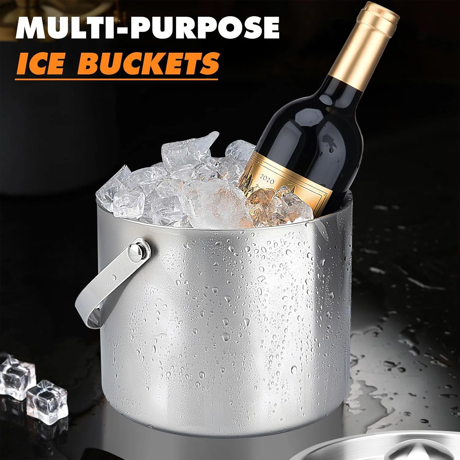 Ice Bucket, 3L Double-Wall Stainless Steel Insulated Ice Bucket With Lid and Ice-Tong, Ice-Buckets for Parties Home Bar, Chilling Beer, Champagne, Wine Bottle(Silver)