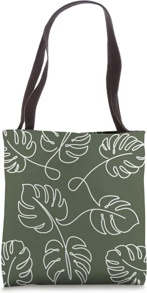 Line Art Monstera Leaf Botanical Tropical Plant Olive Green Tote Bag