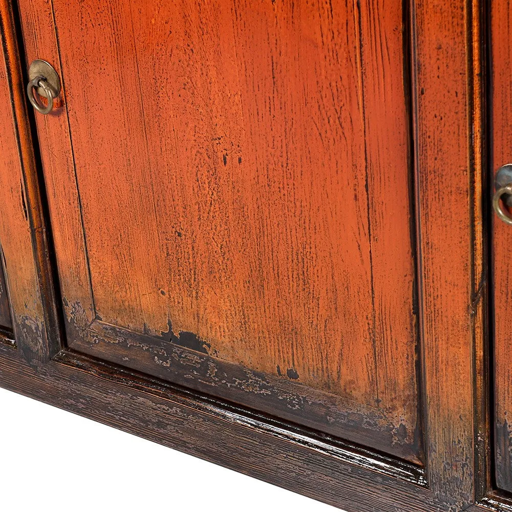 Lingbao Burnished Orange Cabinet with 4 Doors in Pine Wood