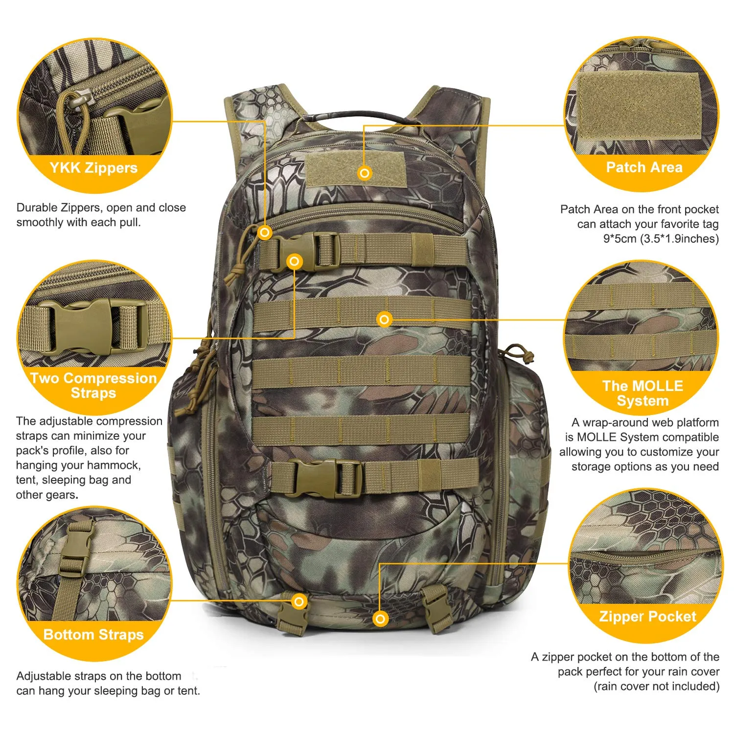 Mardingtop 28L Tactical Backpacks Molle Hiking daypacks for Camping Hiking Military Traveling Motorcycle (28L-Snake Skin Printed)