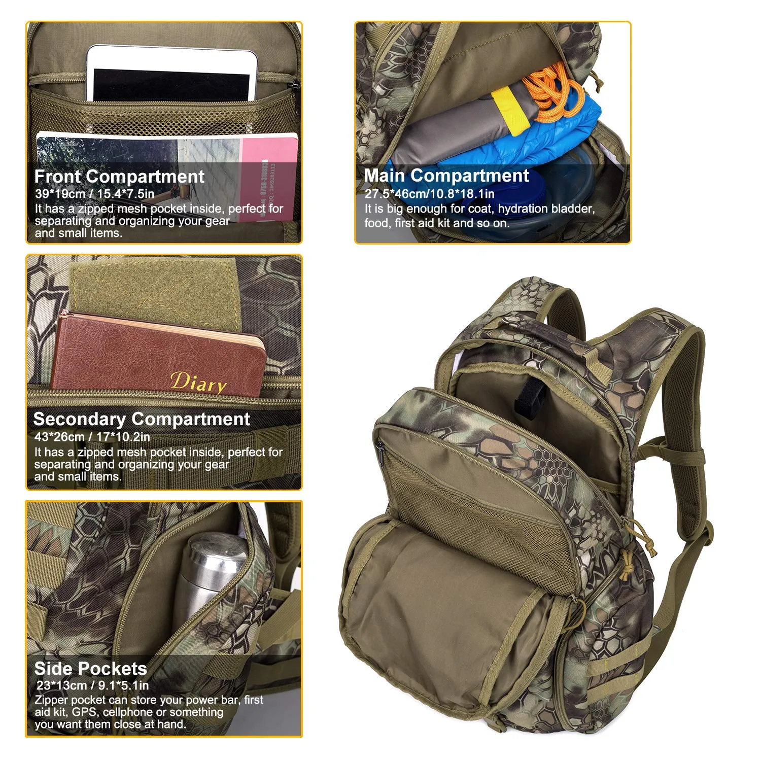 Mardingtop 28L Tactical Backpacks Molle Hiking daypacks for Camping Hiking Military Traveling Motorcycle (28L-Snake Skin Printed)