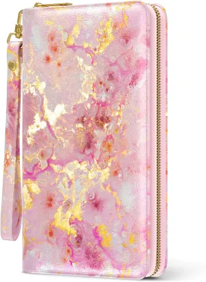 Nipichsha Womens Wallet, RFID Wristlet Wallet for Women, Cute Ladies Purse, Large Credit Card Clutch Purse, Leather Card Holder Wallets with Zipper & Phone Holder, Gold Pink Marble