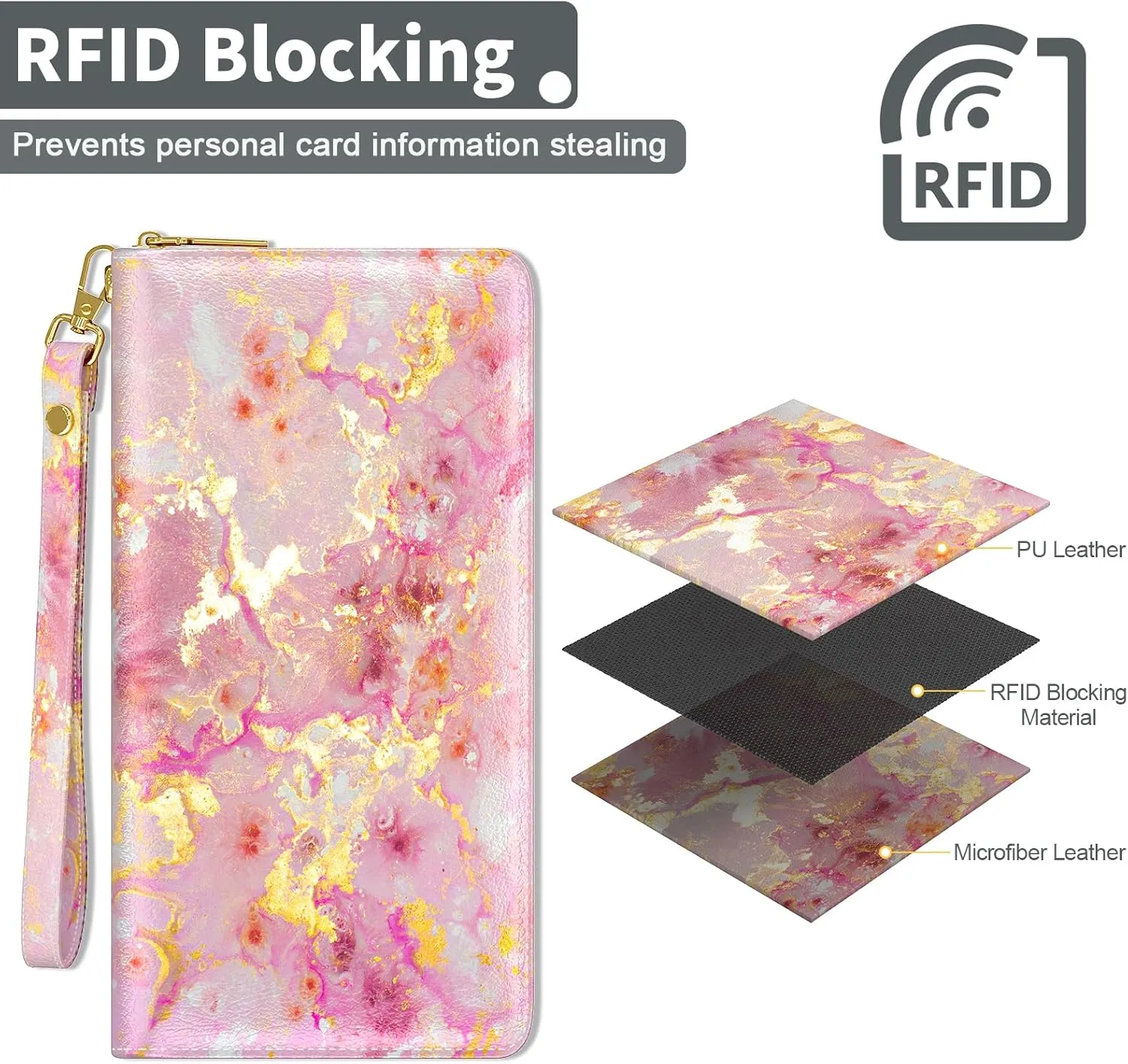 Nipichsha Womens Wallet, RFID Wristlet Wallet for Women, Cute Ladies Purse, Large Credit Card Clutch Purse, Leather Card Holder Wallets with Zipper & Phone Holder, Gold Pink Marble