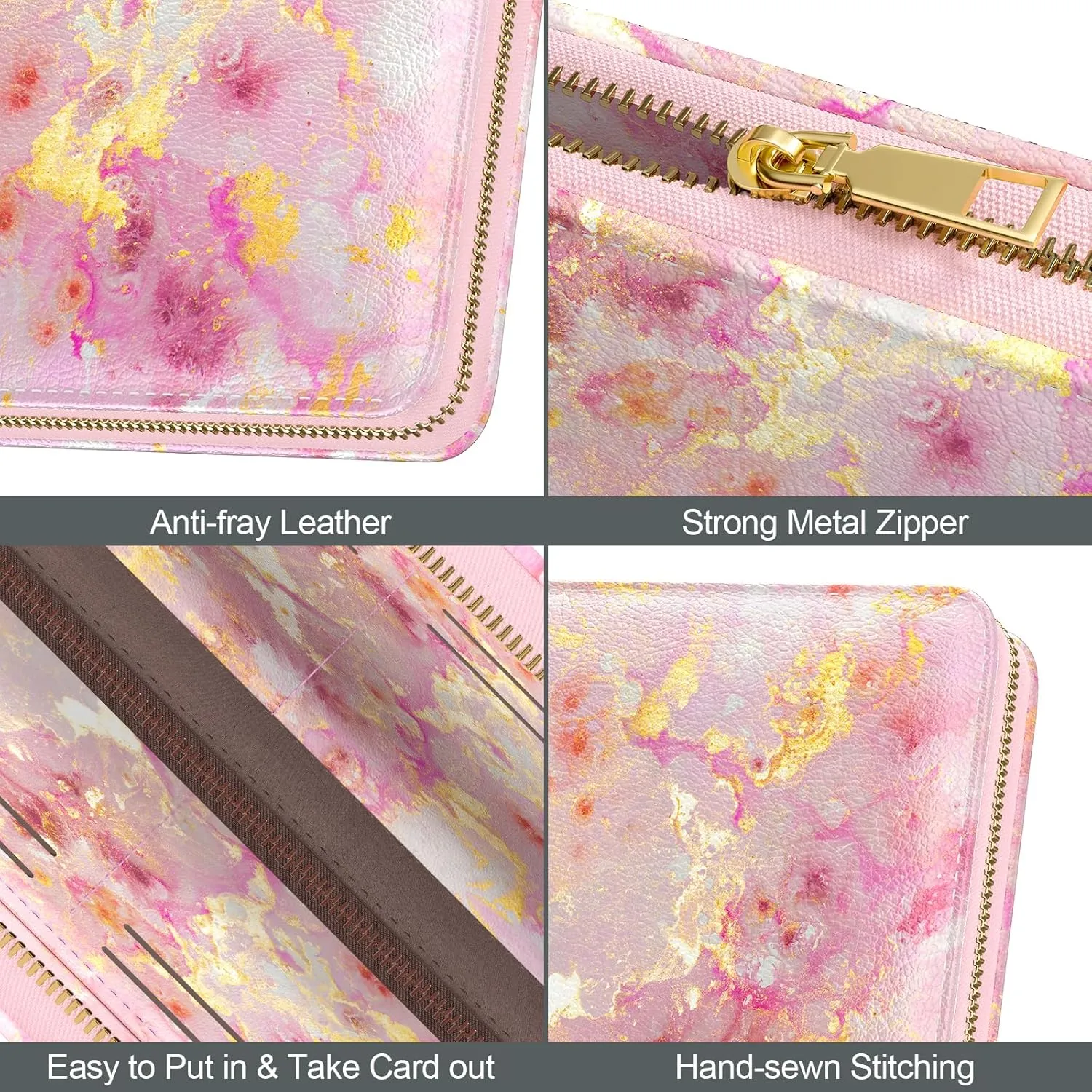Nipichsha Womens Wallet, RFID Wristlet Wallet for Women, Cute Ladies Purse, Large Credit Card Clutch Purse, Leather Card Holder Wallets with Zipper & Phone Holder, Gold Pink Marble
