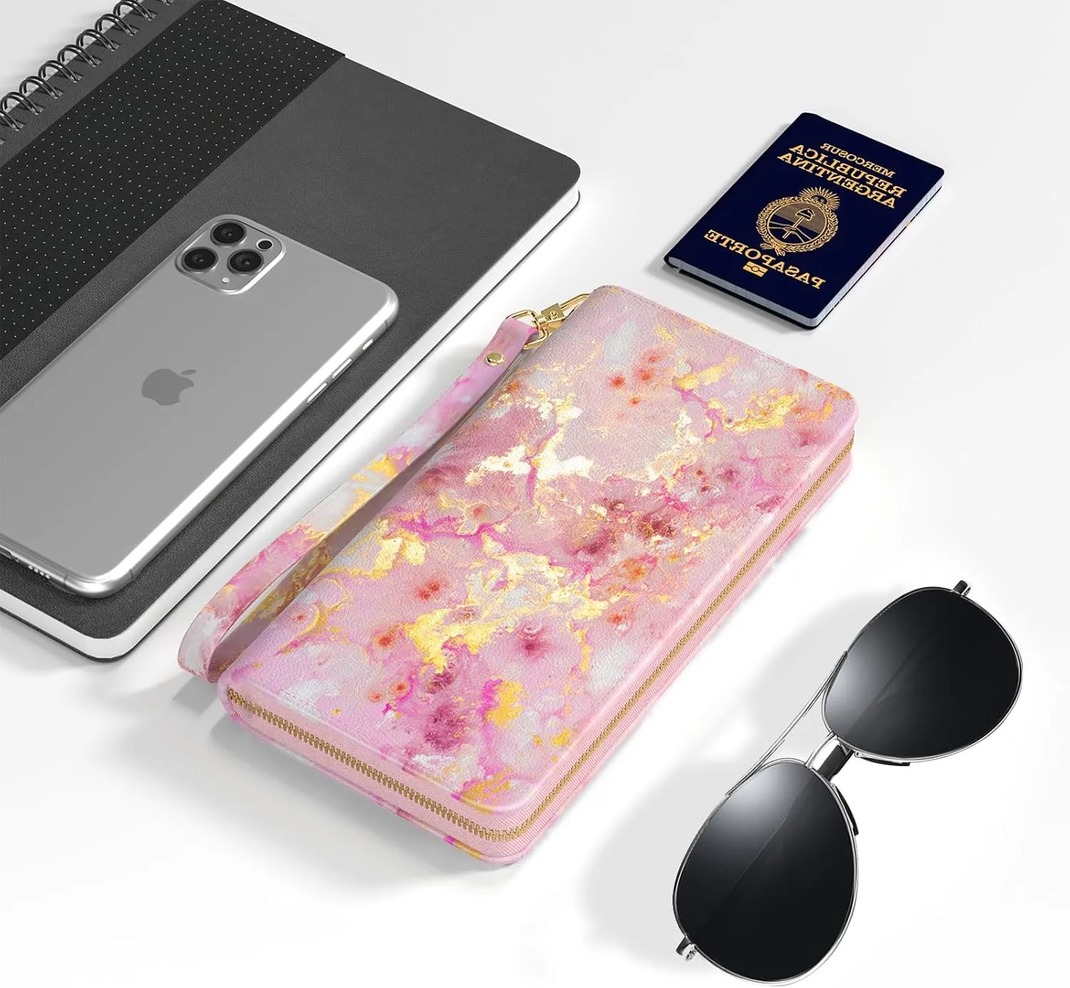 Nipichsha Womens Wallet, RFID Wristlet Wallet for Women, Cute Ladies Purse, Large Credit Card Clutch Purse, Leather Card Holder Wallets with Zipper & Phone Holder, Gold Pink Marble