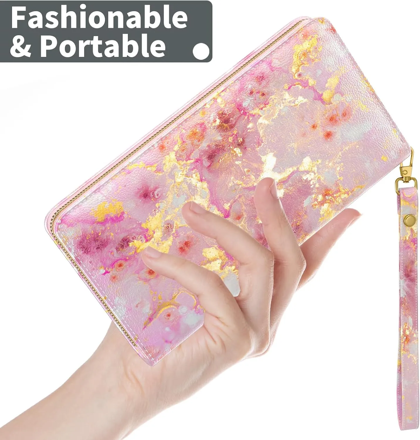 Nipichsha Womens Wallet, RFID Wristlet Wallet for Women, Cute Ladies Purse, Large Credit Card Clutch Purse, Leather Card Holder Wallets with Zipper & Phone Holder, Gold Pink Marble