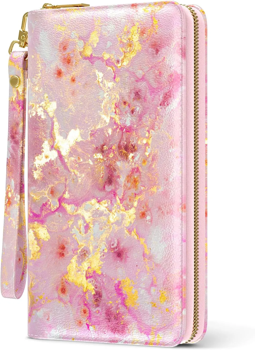 Nipichsha Womens Wallet, RFID Wristlet Wallet for Women, Cute Ladies Purse, Large Credit Card Clutch Purse, Leather Card Holder Wallets with Zipper & Phone Holder, Gold Pink Marble