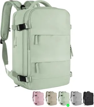 OKAERI. Extra Large Travel Backpack 40L Women Men Carry On USB Port Shoe Pouch Flight Approved Hiking Waterproof Outdoor Sports Rucksack Casual Daypack Travel Essential 18"x12" x8" (GREEN)