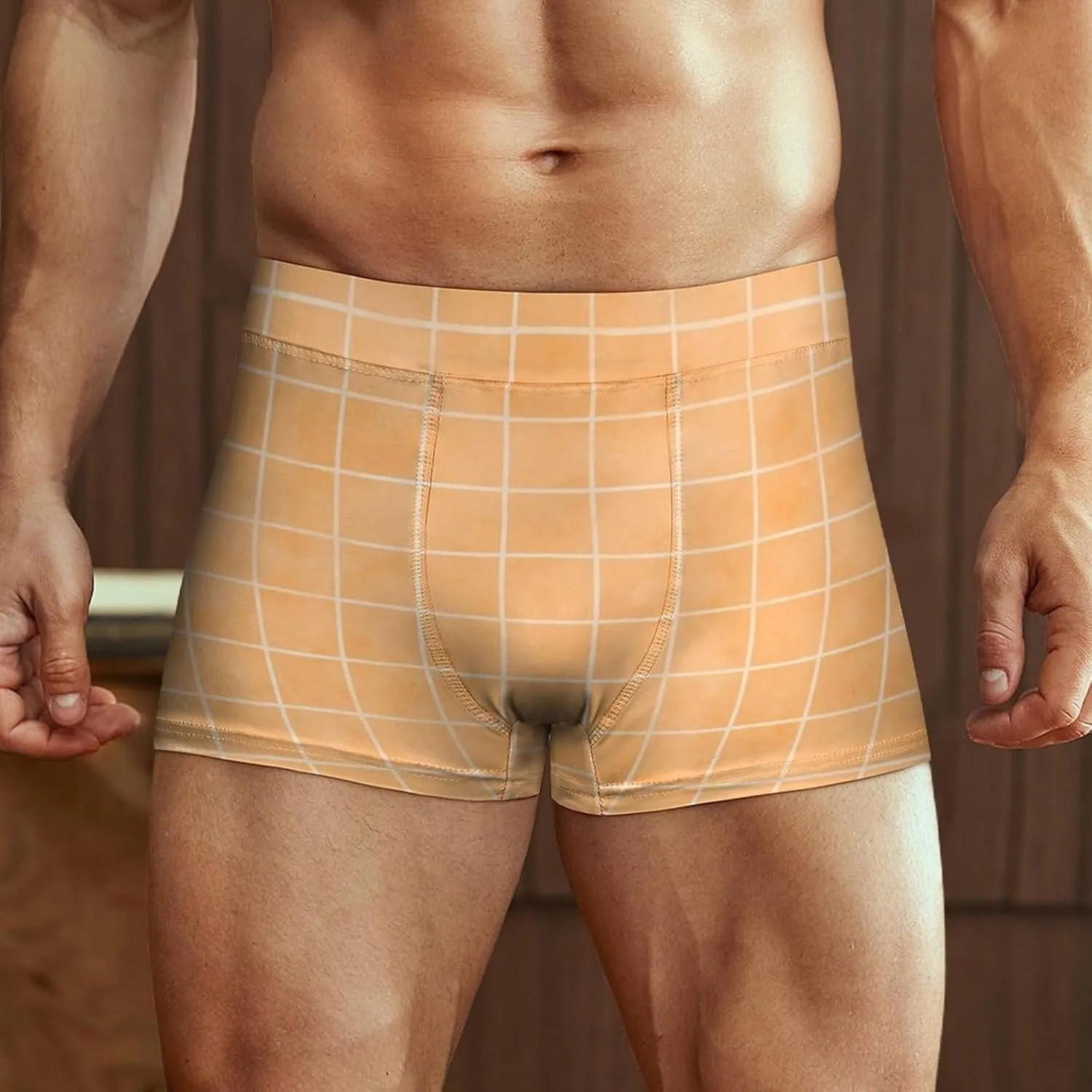 Orange Hand Drawn Grid Print Mens Underwear, Soft Boxers for Men, Moisture-Wicking Breathable Boxer Briefs