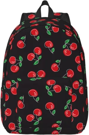 Red Cherry Black Backpack for Girls Boys Women Lightweight Canvas Bookbag Casual Daypack for Travel Outdoor Camping, 17 Inch
