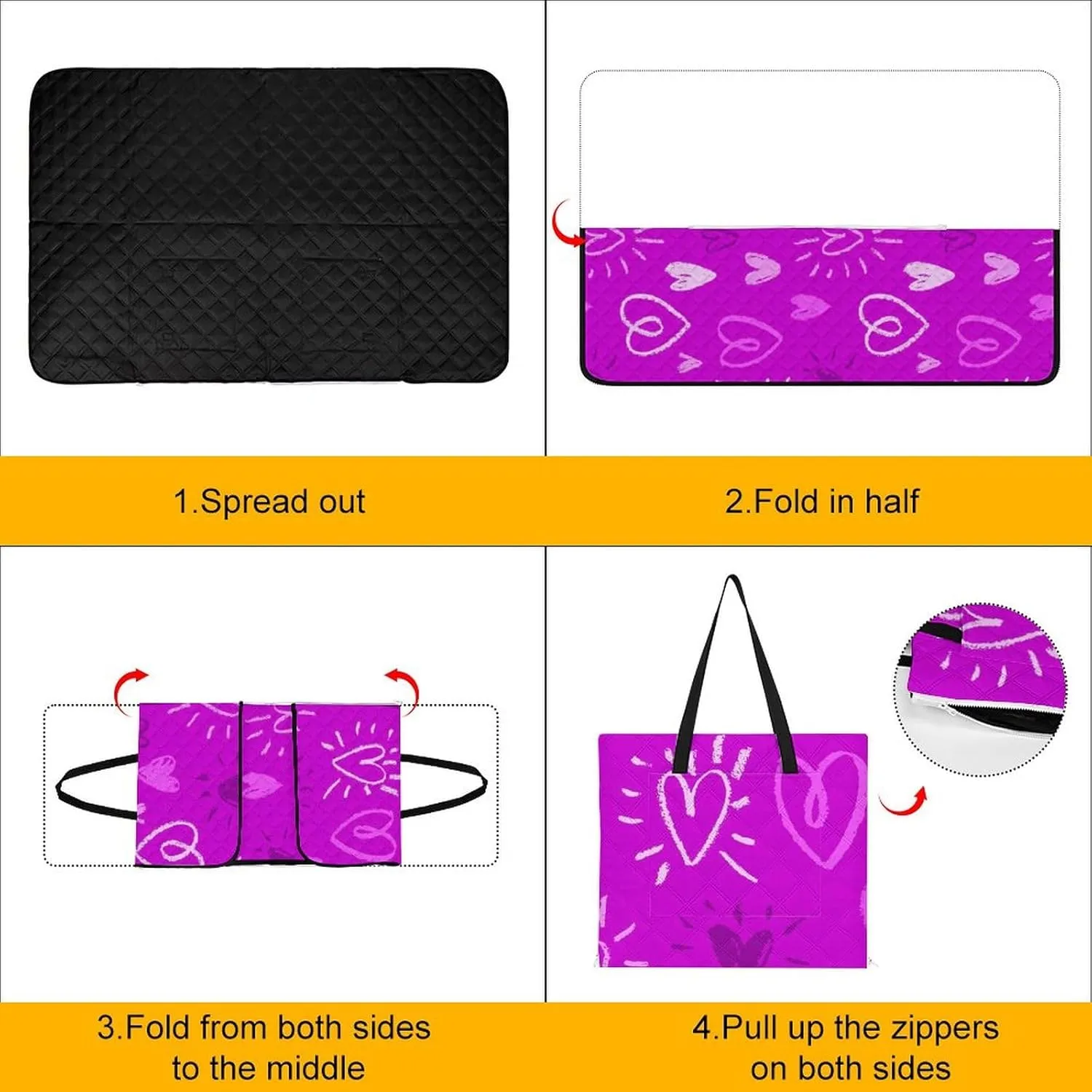 Romantic Violet Chalk Hearts Picnic Blanket Outdoor Camping Mat Foldable Portable Tote Bag 3-Layer Waterproof Backing for Outdoors Concerts Beach Park 60""x40"", 150x100cm, Style