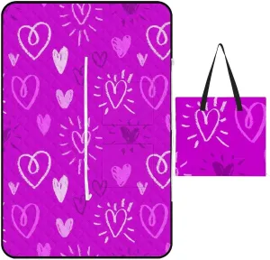 Romantic Violet Chalk Hearts Picnic Blanket Outdoor Camping Mat Foldable Portable Tote Bag 3-Layer Waterproof Backing for Outdoors Concerts Beach Park 60""x40"", 150x100cm, Style