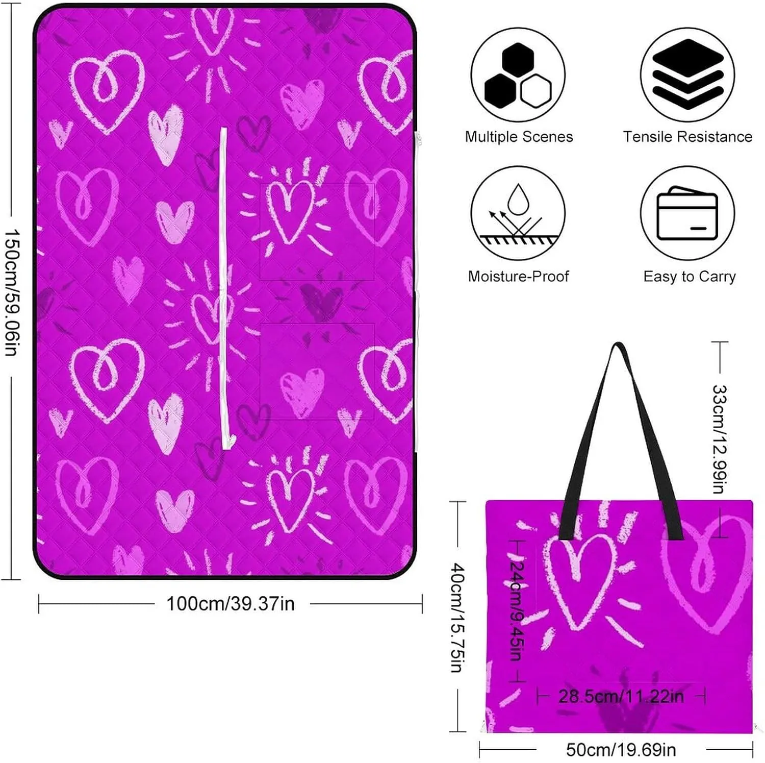 Romantic Violet Chalk Hearts Picnic Blanket Outdoor Camping Mat Foldable Portable Tote Bag 3-Layer Waterproof Backing for Outdoors Concerts Beach Park 60""x40"", 150x100cm, Style