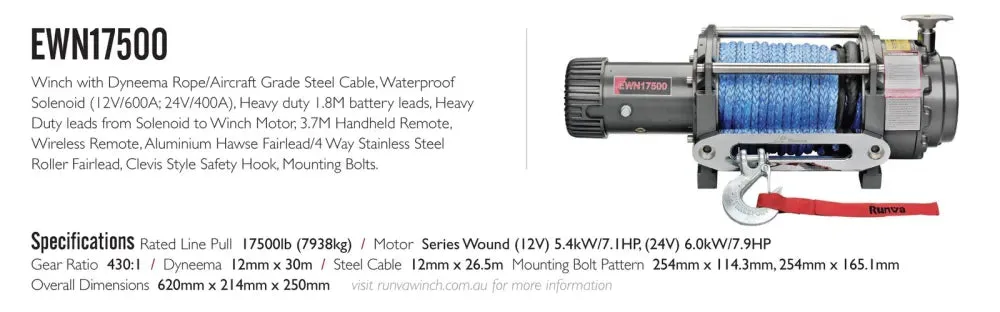 Runva EWN17500 12V or 24V 17500lb Winch with Synthetic Rope