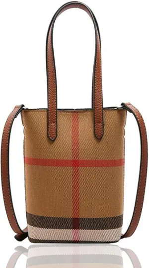 Small Plaid Canvas Handbag for Women PU Leather Top Handle Bucket Hand Bag,Mini Classic Khaki Crossbody Wallet Purse(C style)