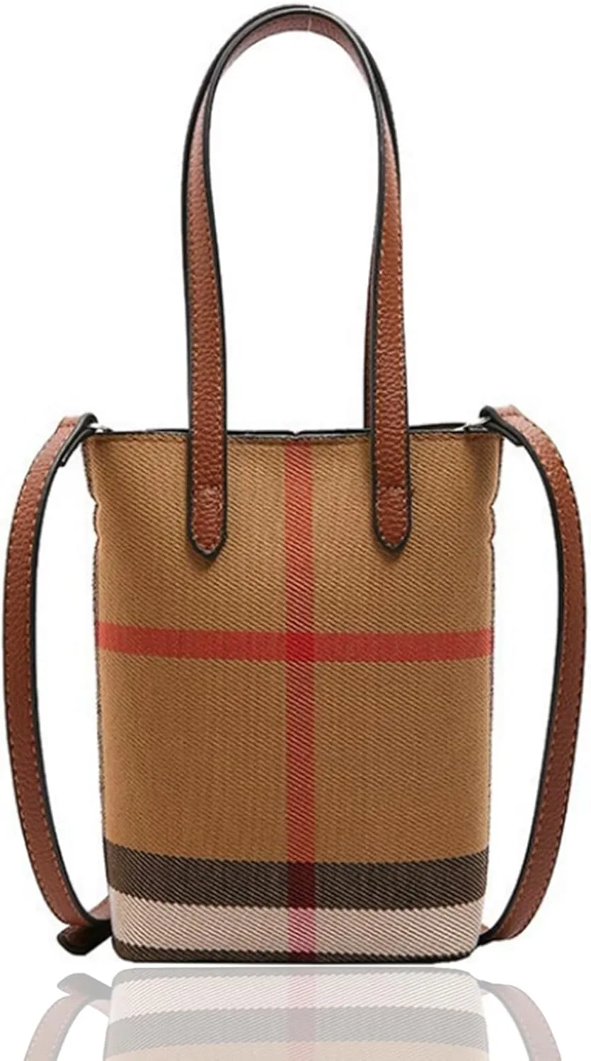 Small Plaid Canvas Handbag for Women PU Leather Top Handle Bucket Hand Bag,Mini Classic Khaki Crossbody Wallet Purse(C style)