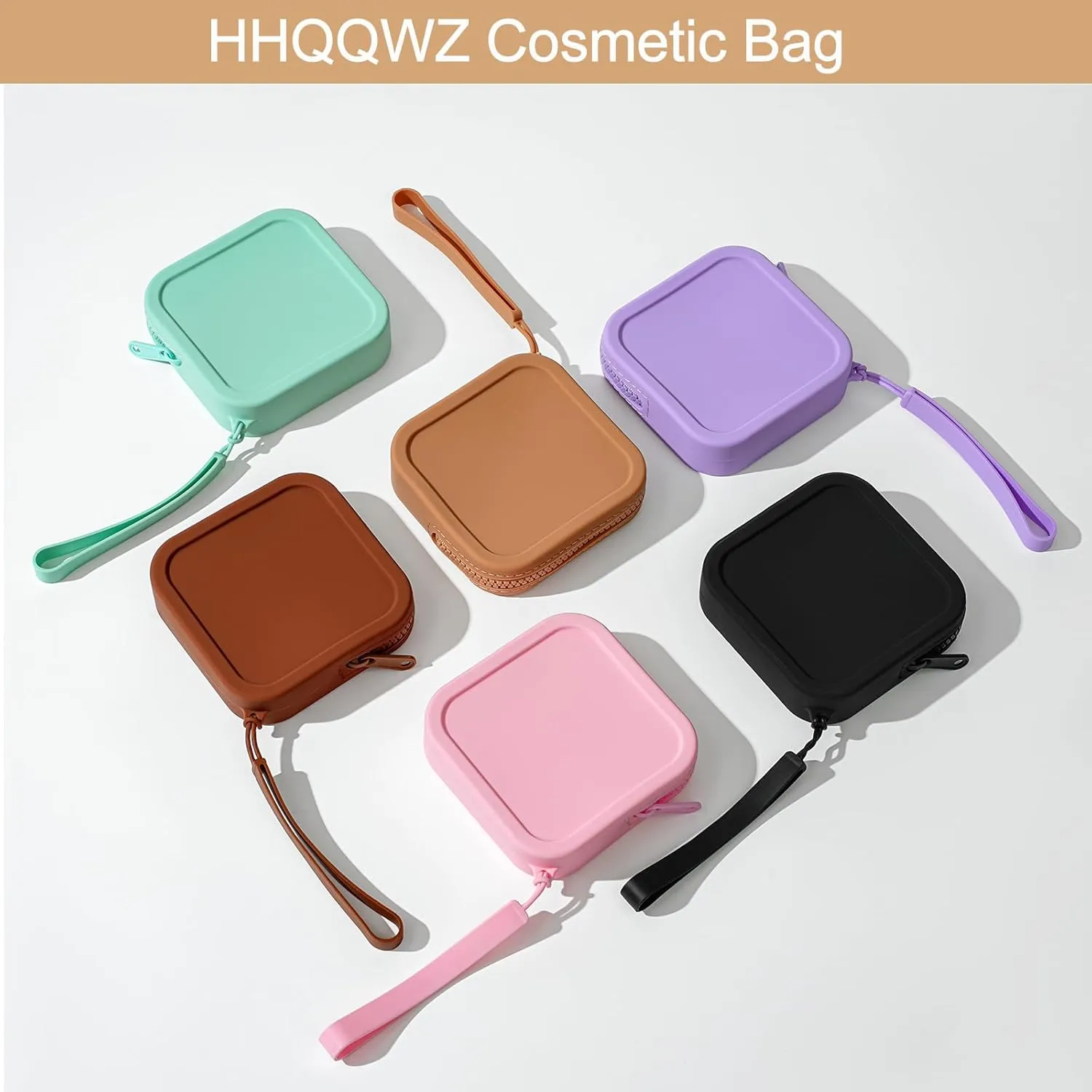 Small Square Portable Silicone Makeup Bag for Women Girls, Small Travel Lovely Waterproof Toiletry Cosmetic Bag, Zipper Closure Organizer Makeup Case with Handle (Dark Brown)