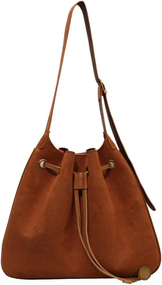 Trendy Drawstring Hobo Shoulder Bag Retro Suede Bucket Purse Causal Travel College Crossbody Bag with Adjustable Strap 2024