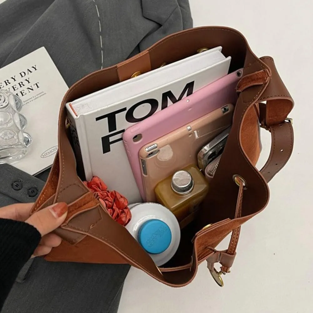 Trendy Drawstring Hobo Shoulder Bag Retro Suede Bucket Purse Causal Travel College Crossbody Bag with Adjustable Strap 2024