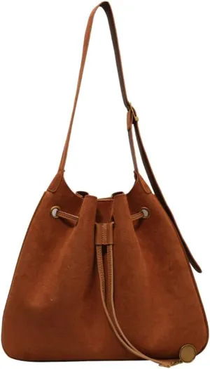 Trendy Drawstring Hobo Shoulder Bag Retro Suede Bucket Purse Causal Travel College Crossbody Bag with Adjustable Strap 2024