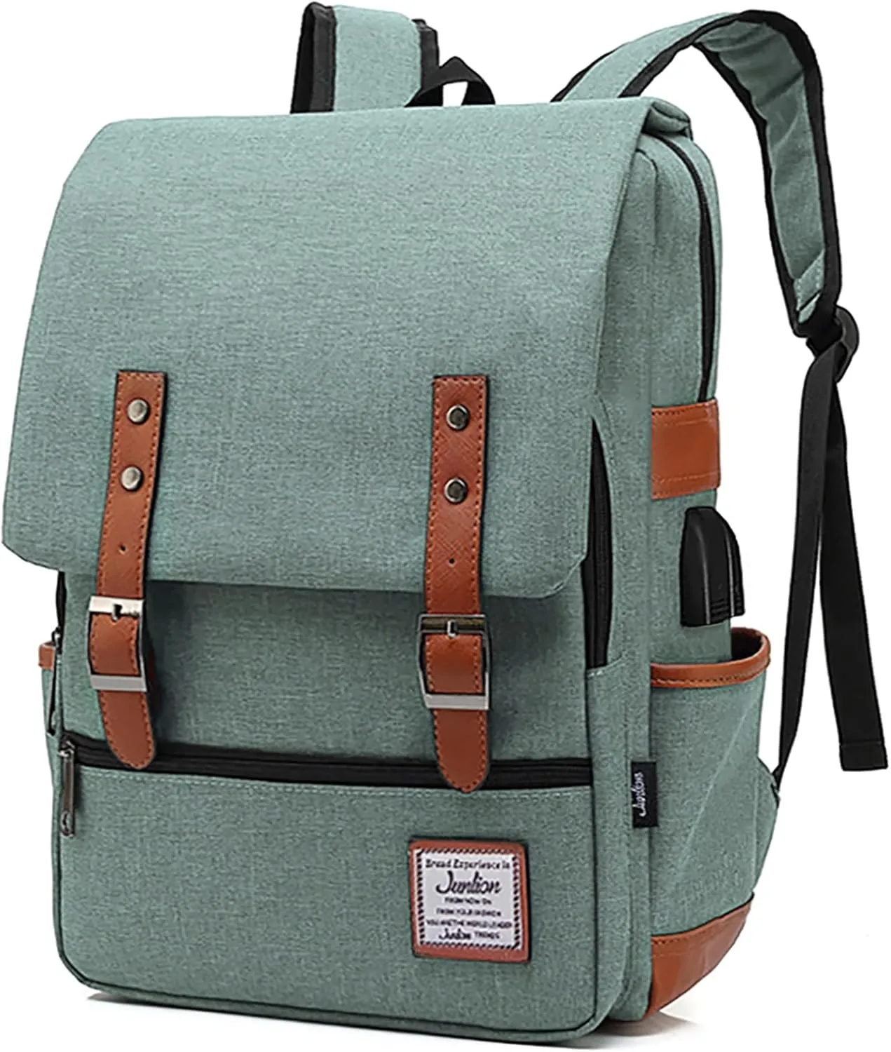 Vintage Backpack College School Rucksack Unisex Laptop Daypack with USB Charging Port and Headphone Jack Green