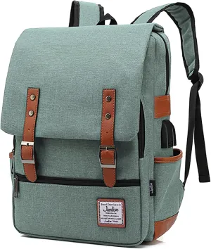 Vintage Backpack College School Rucksack Unisex Laptop Daypack with USB Charging Port and Headphone Jack Green