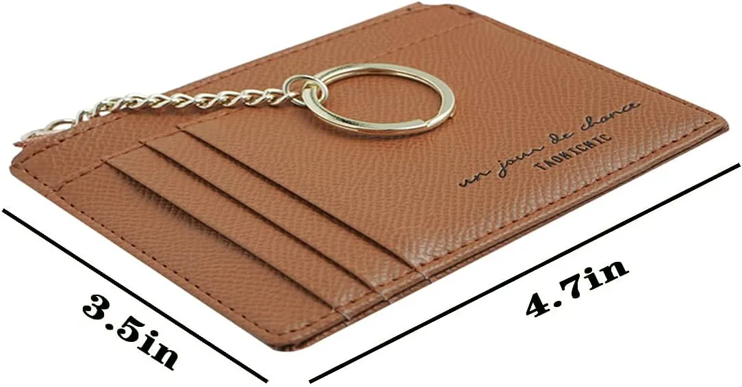 Women Slim Leather Card Case Holder Small Wallet Cute Coin Purse Girl Mini Wallet with Keychain (Brown)