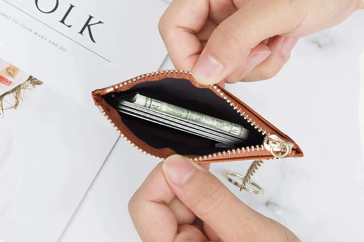 Women Slim Leather Card Case Holder Small Wallet Cute Coin Purse Girl Mini Wallet with Keychain (Brown)