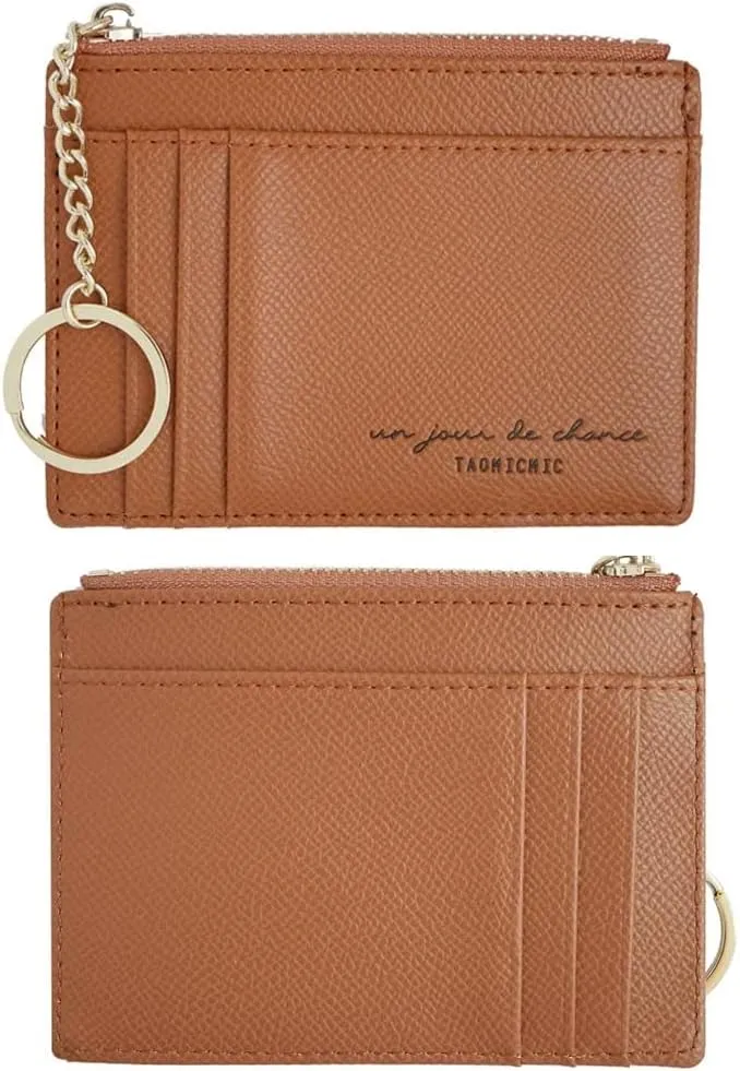 Women Slim Leather Card Case Holder Small Wallet Cute Coin Purse Girl Mini Wallet with Keychain (Brown)