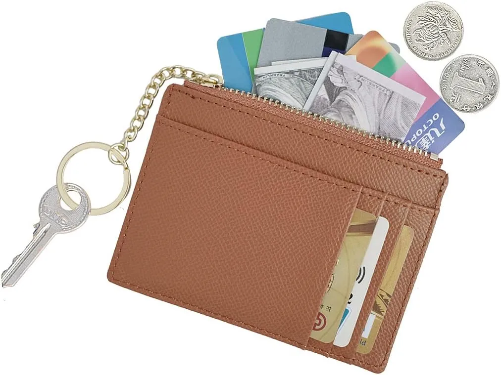 Women Slim Leather Card Case Holder Small Wallet Cute Coin Purse Girl Mini Wallet with Keychain (Brown)
